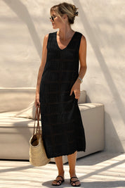 Fisoew Women's Black Boho Knit Sleeveless Dress - Fisoew