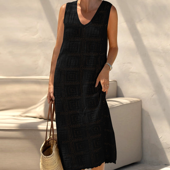 Fisoew Women's Black Boho Knit Sleeveless Dress - Fisoew