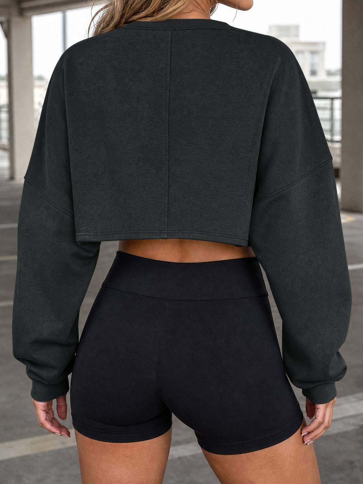 Long Sleeve Oversized Cropped Sweatshirts - Fisoew