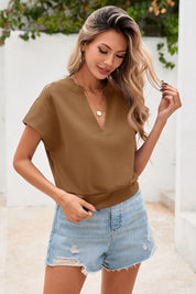 Fisoew Women's Brown V Neck Cap Sleeve Casual Loose Fit T Shirts - Fisoew