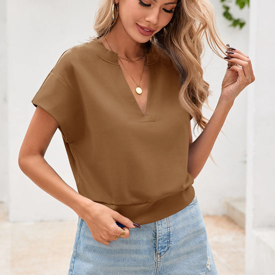 Fisoew Women's Brown V Neck Cap Sleeve Casual Loose Fit T Shirts - Fisoew