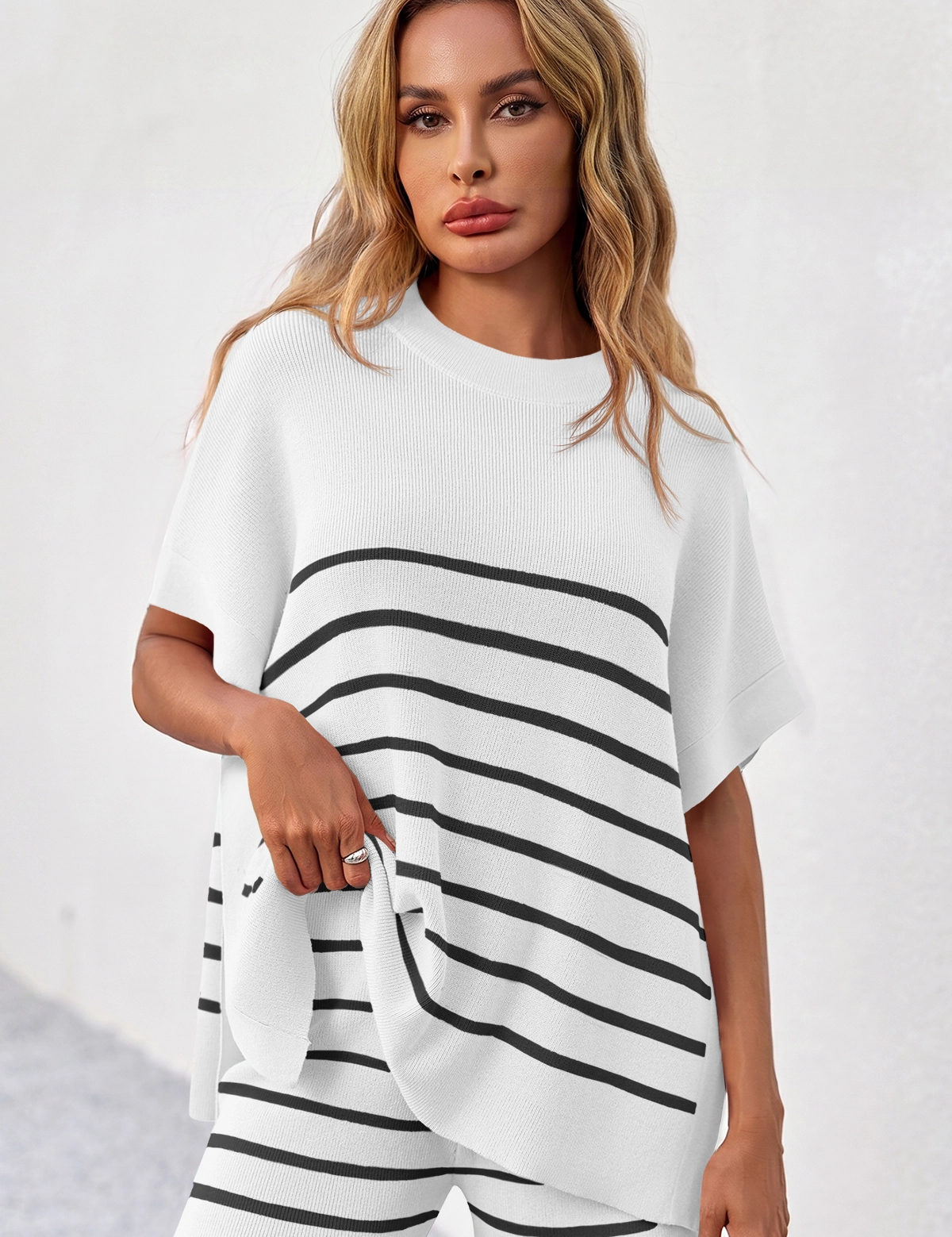 Fisoew Women's White Striped Oversized Lounge Short Sets - Fisoew
