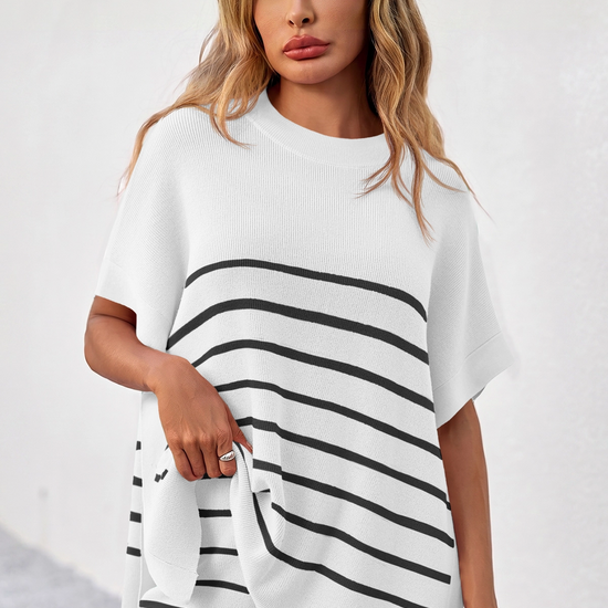 Fisoew Women's White Striped Oversized Lounge Short Sets - Fisoew