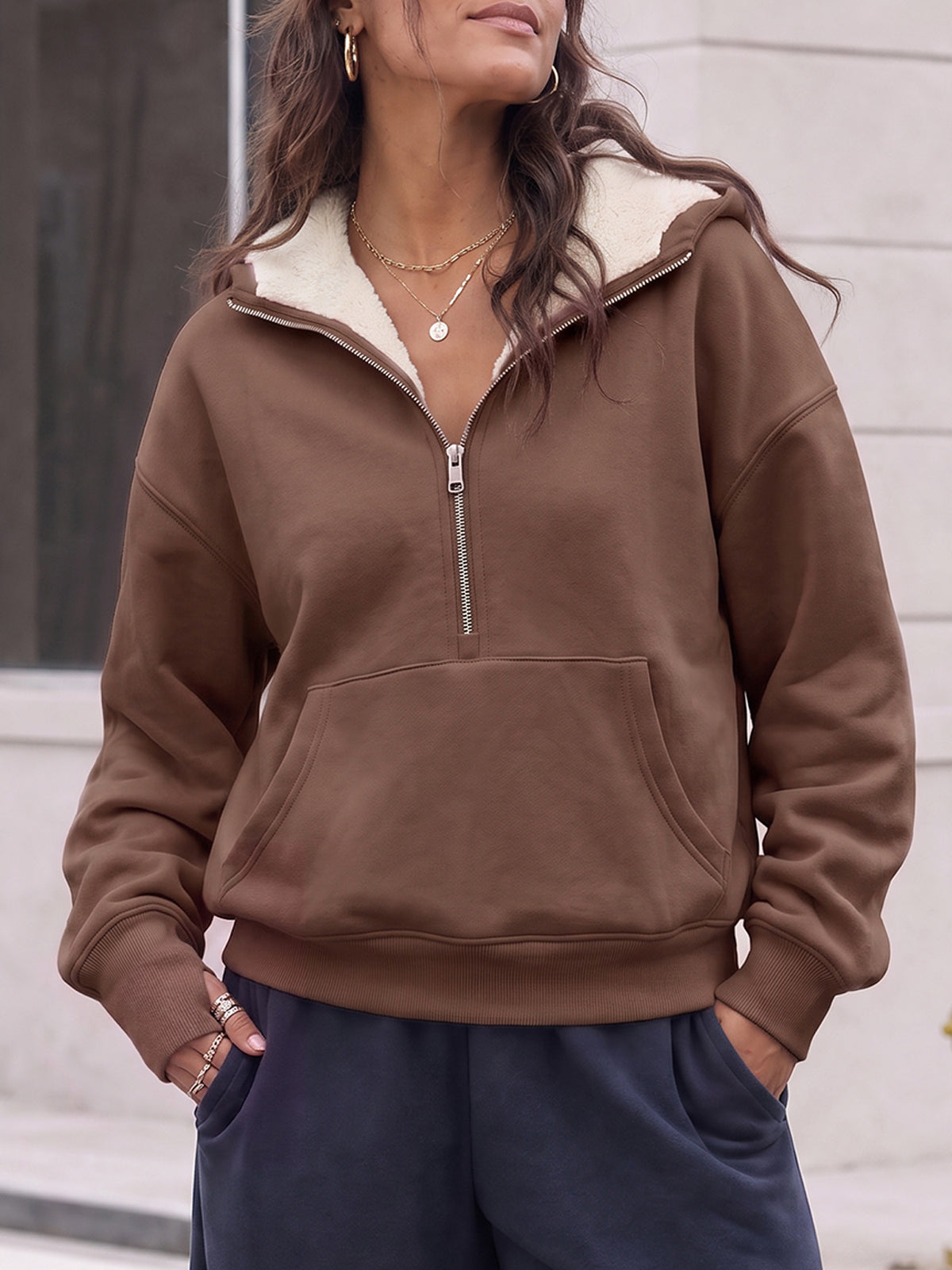 Hoodies Half Zip Fuzzy Fleece Sweatshirts - Fisoew