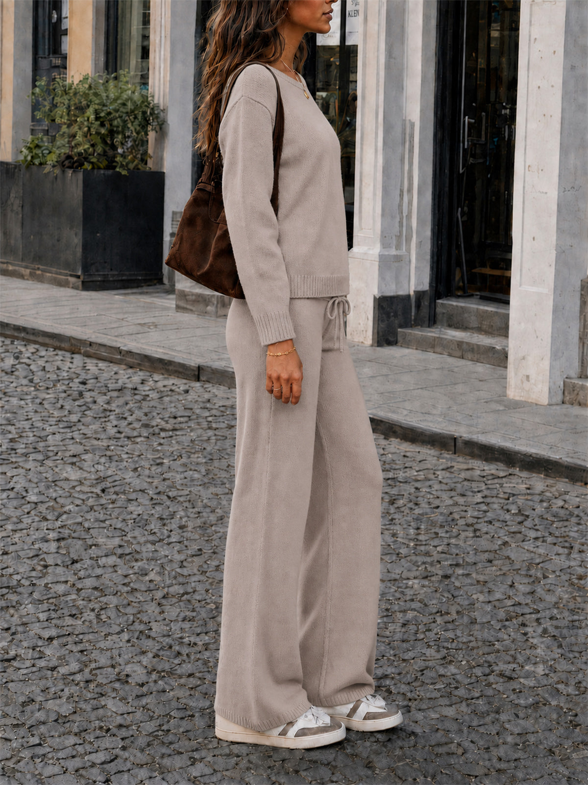 Off-Shoulder Sweaters With Drawstring Pants Set - Fisoew