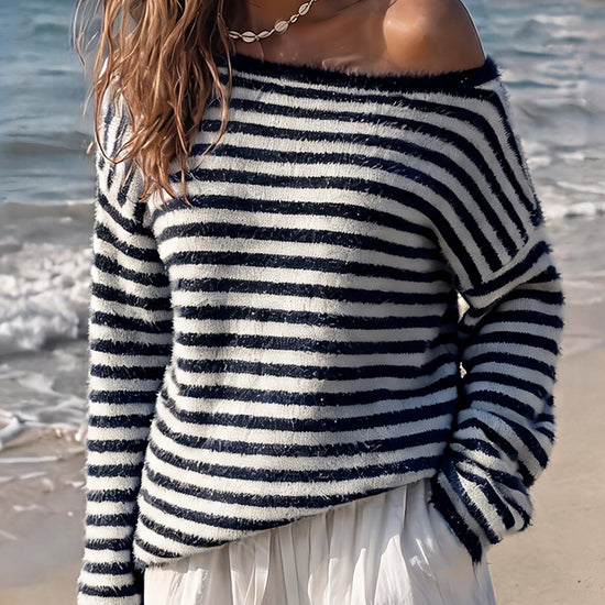 Off Shoulder Striped Knit Pullover - Fisoew