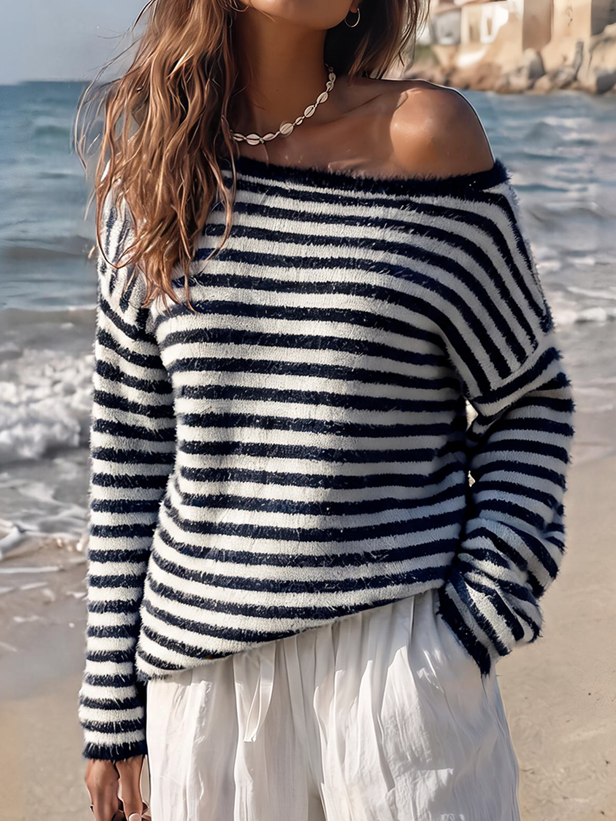 Off Shoulder Striped Knit Pullover - Fisoew