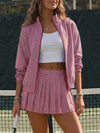 Stripe Zipper Jacket With Pleated Skirt Sets - Fisoew