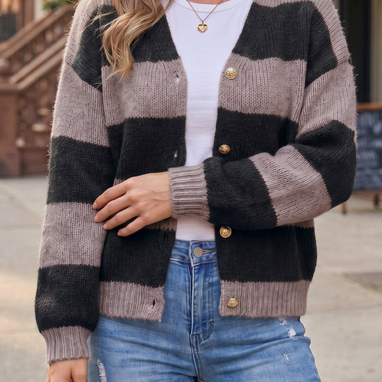 Striped Open Front Button Up Cardigans - Fisoew