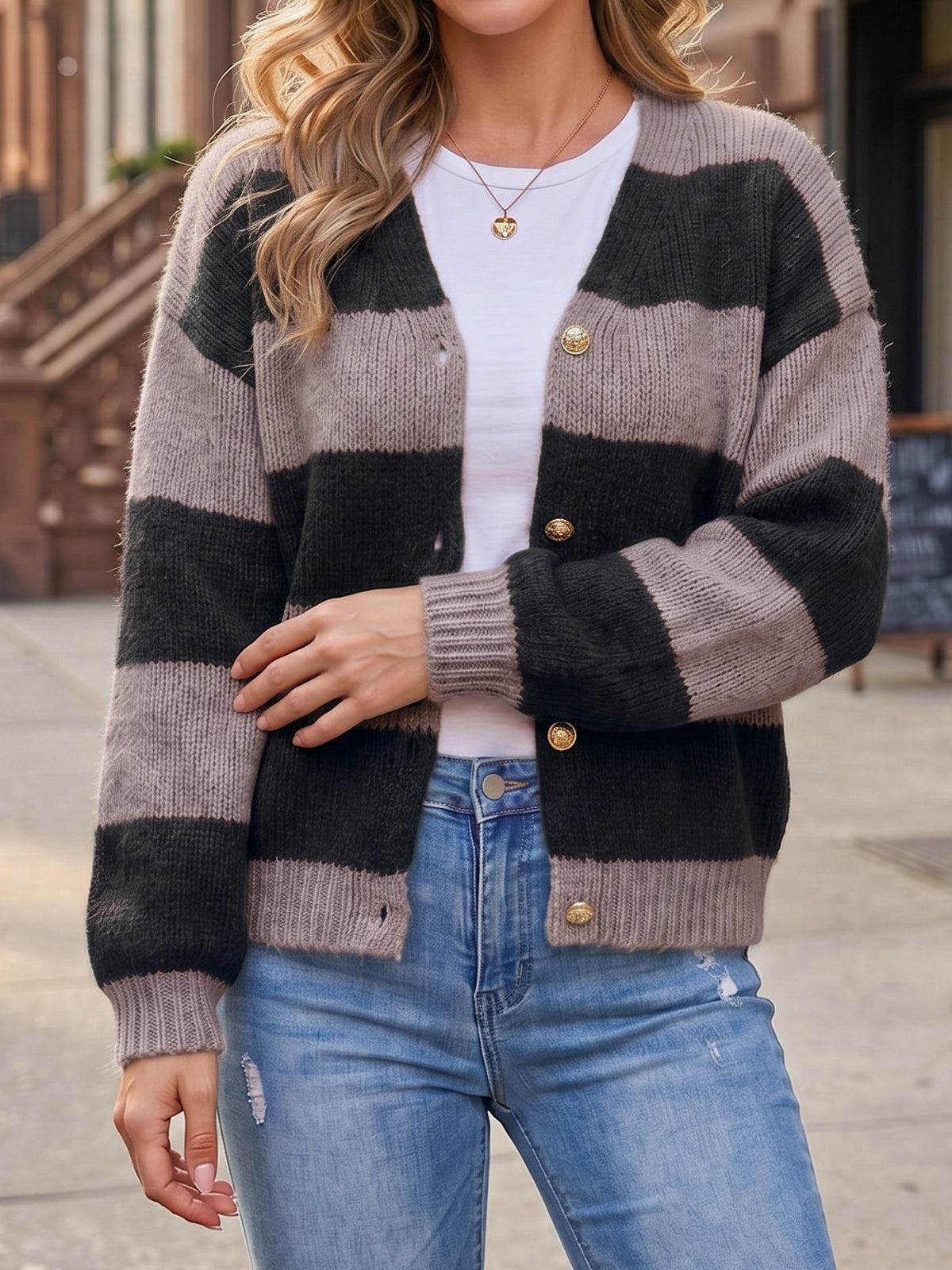 Striped Open Front Button Up Cardigans - Fisoew