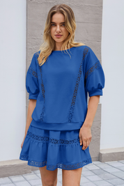 Womens Dark Blue Lace Trim Puff Sleeve Two Piece Skirt Set Fisoew - Fisoew