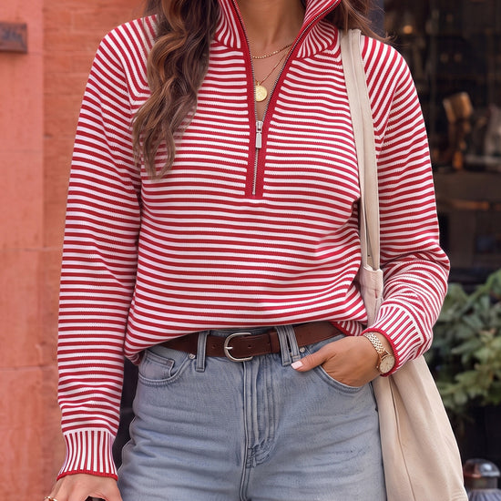 Striped Half-Zip Knit Crop Pullovers - Fisoew