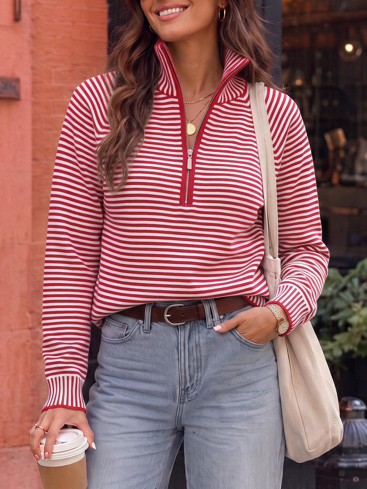 Striped Half-Zip Knit Crop Pullovers - Fisoew