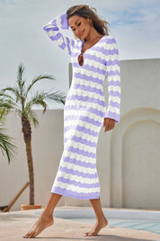 Fisoew Women's Light Purple Striped Sexy Crochet Maxi Dress