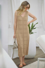 Fisoew Women's Khaki Boho Knit Sleeveless Dress