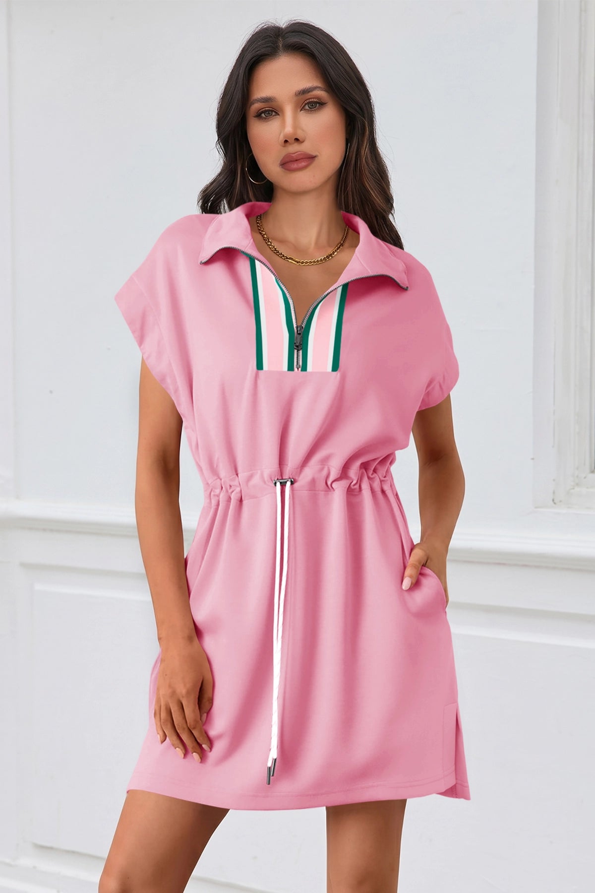 Fisoew Women's Pink Short Sleeve V Neck Casual Mini Dresses - Fisoew