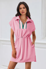 Fisoew Women's Pink Short Sleeve V Neck Casual Mini Dresses