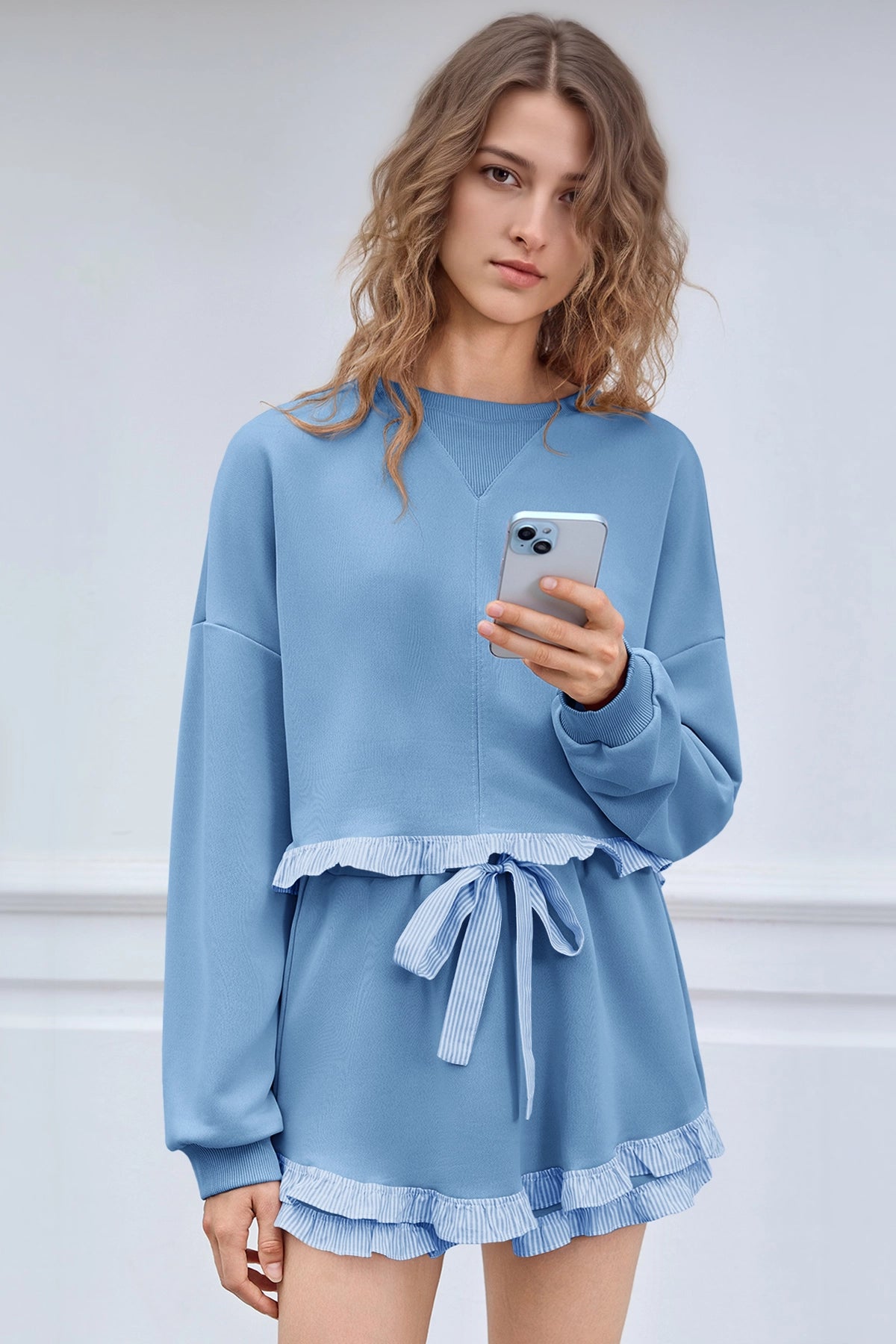 Women's Blue Color Block 2 Piece Lounge Sets Fisoew
