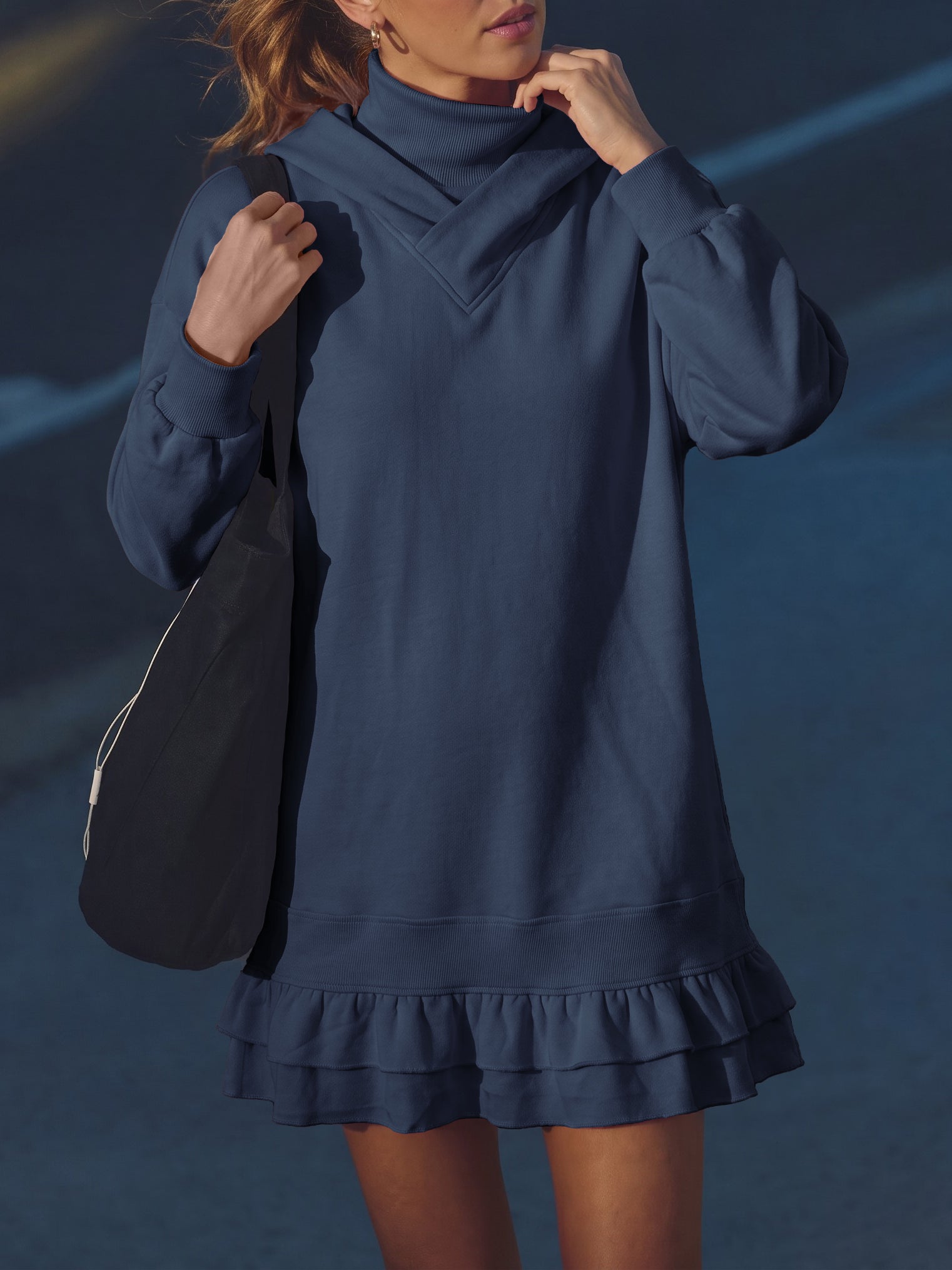 Turtleneck Hoodie Sweatshirt Mini Dresses - Fisoew