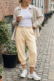 Fisoew Women's Apricot Capri Joggers Trendy Drawstring Waist Sweatpants - Fisoew