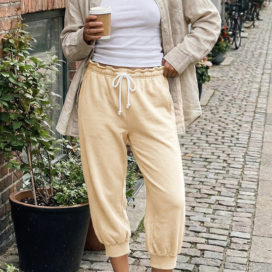 Fisoew Women's Apricot Capri Joggers Trendy Drawstring Waist Sweatpants - Fisoew