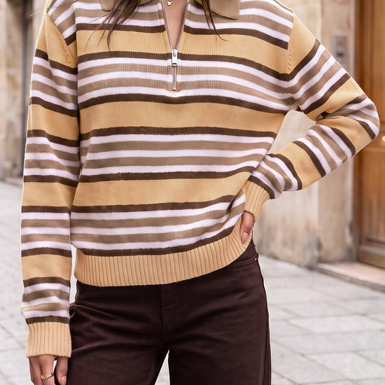 Quarter Zip Striped Long Sleeve Pullover - Fisoew