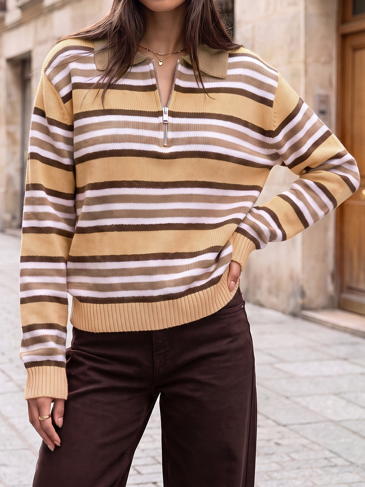 Quarter Zip Striped Long Sleeve Pullover - Fisoew