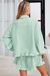 Womens Light Green Stripe Ruffle Pajama 2Pcs  Fisoew - Fisoew
