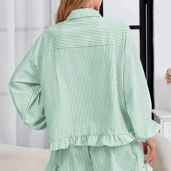 Womens Light Green Stripe Ruffle Pajama 2Pcs  Fisoew - Fisoew