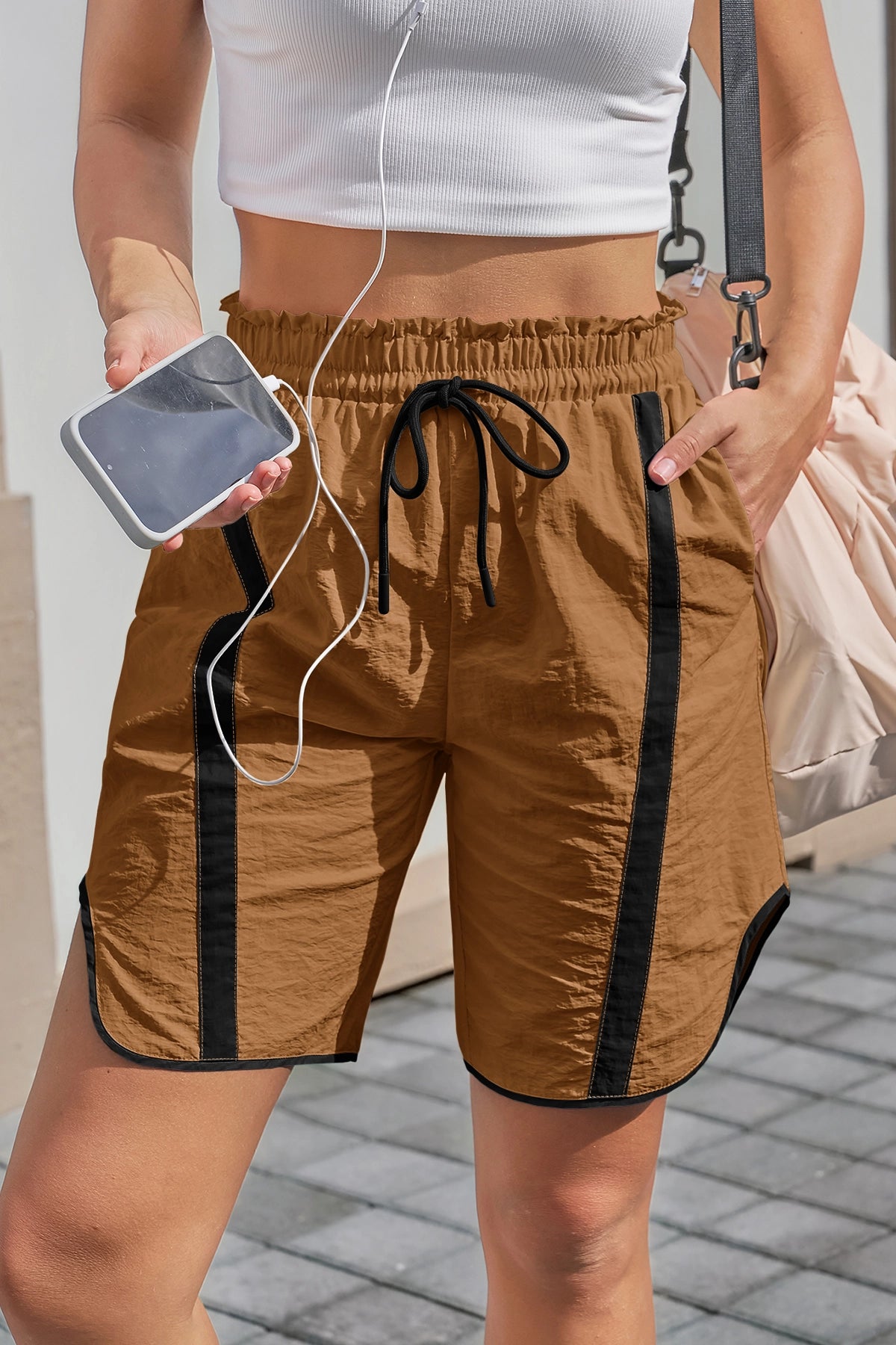 Fisoew Women's Camel Baggy Cargo Workout Running Athletic Yoga Shorts - Fisoew