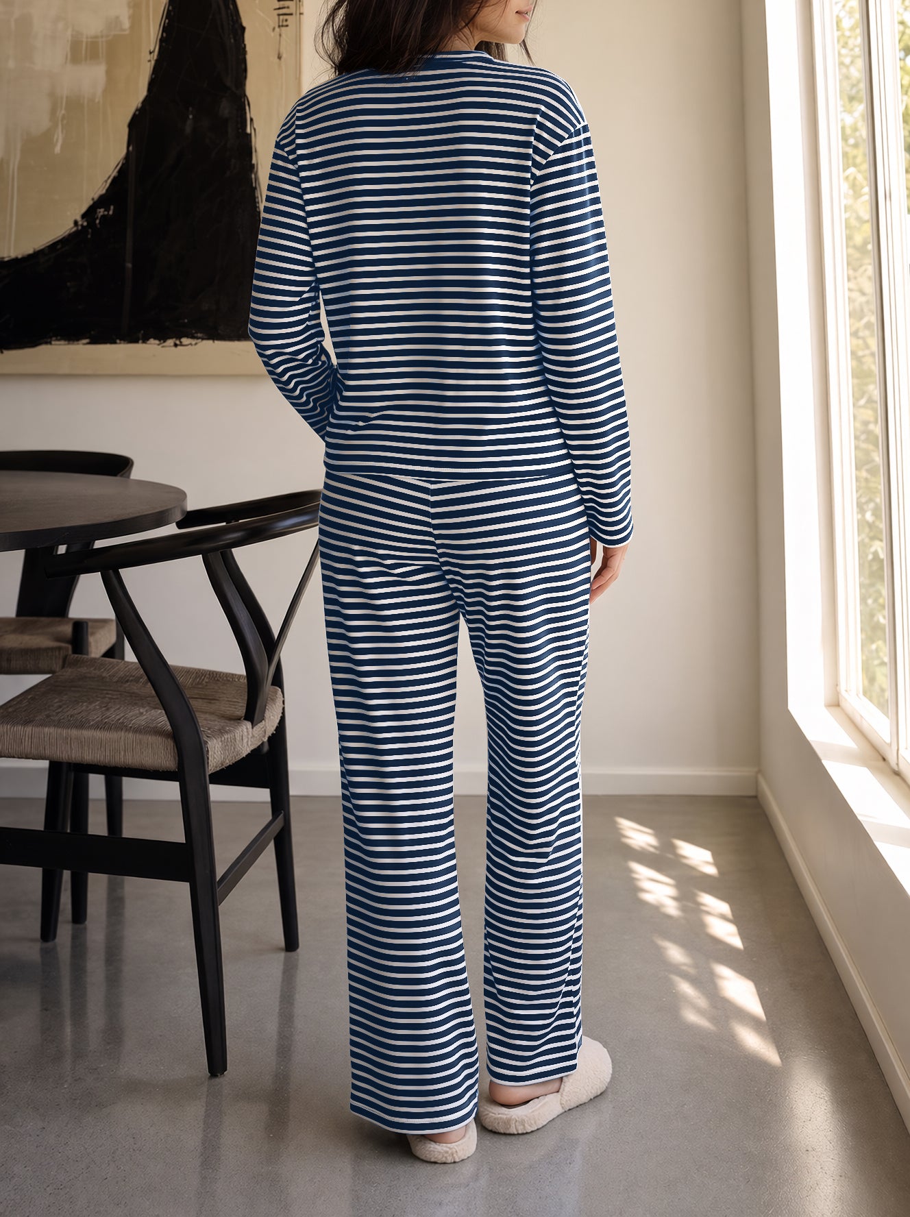 Striped Cardigan With Drawstring Pant Sets - Fisoew