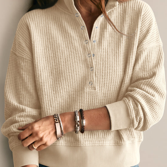Waffle Knit Button Henley Pullover Sweatshirt - Fisoew