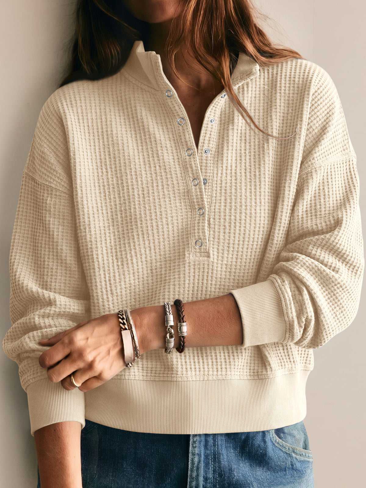 Waffle Knit Button Henley Pullover Sweatshirt - Fisoew