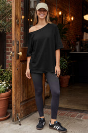 Fisoew Women's Black Off The Shoulder Tops Oversized  T-Shirts - Fisoew