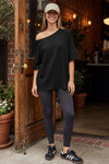 Fisoew Women's Black Off The Shoulder Tops Oversized  T-Shirts - Fisoew