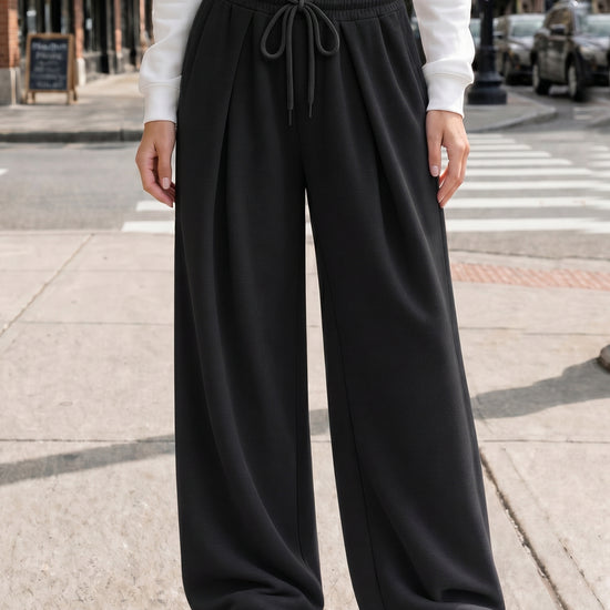 Solid Wide Leg High Waist Pants - Fisoew