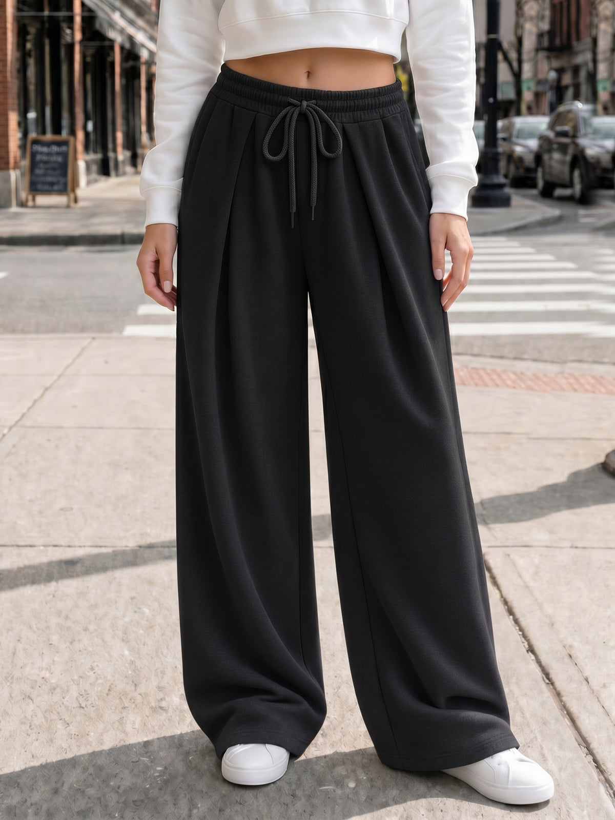 Solid Wide Leg High Waist Pants - Fisoew