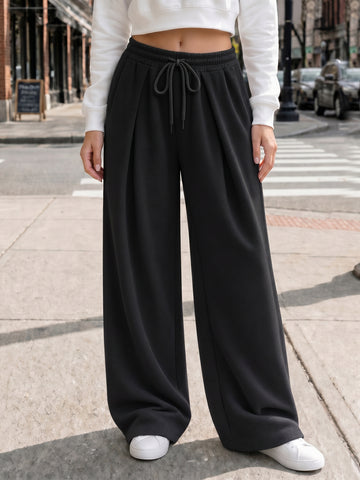 Solid Wide Leg High Waist Pants - Fisoew