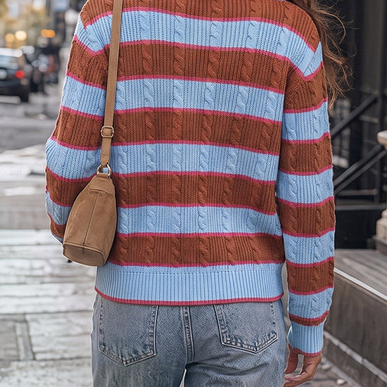 Colorblock Striped Half Button Pullovers - Fisoew