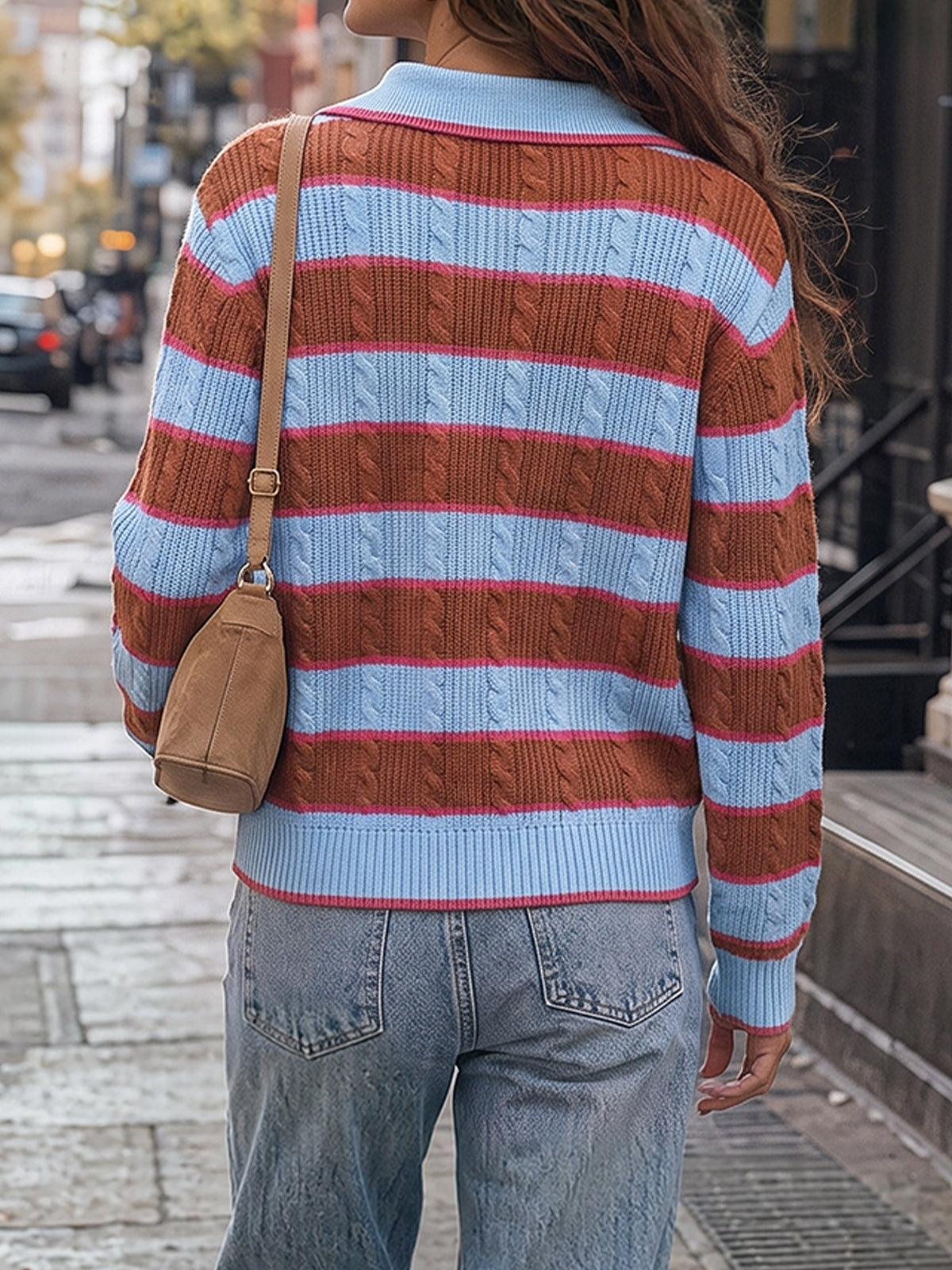 Colorblock Striped Half Button Pullovers - Fisoew