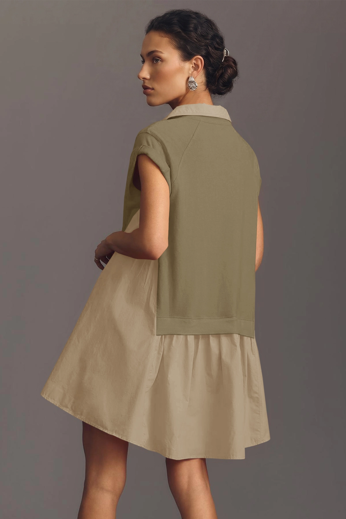 Fisoew Women's Light Brown Oversized Patchwork Mini Dress
