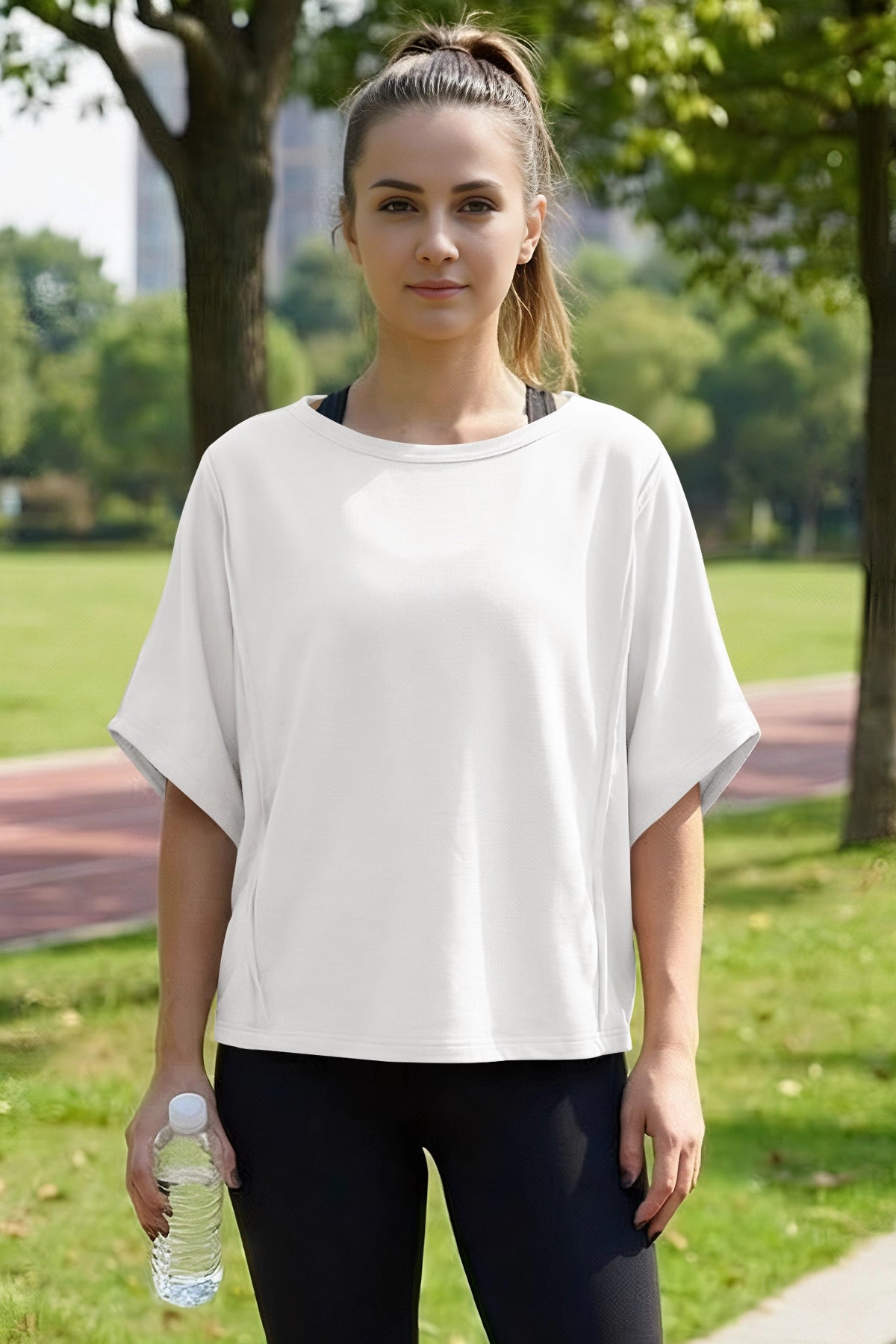 Fisoew Women's White Oversized Crop Tops Summer T-Shirt - Fisoew