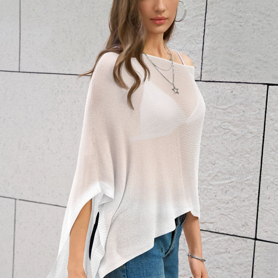 Fisoew Women's White Sheer Lightweight Knit  Poncho Top - Fisoew