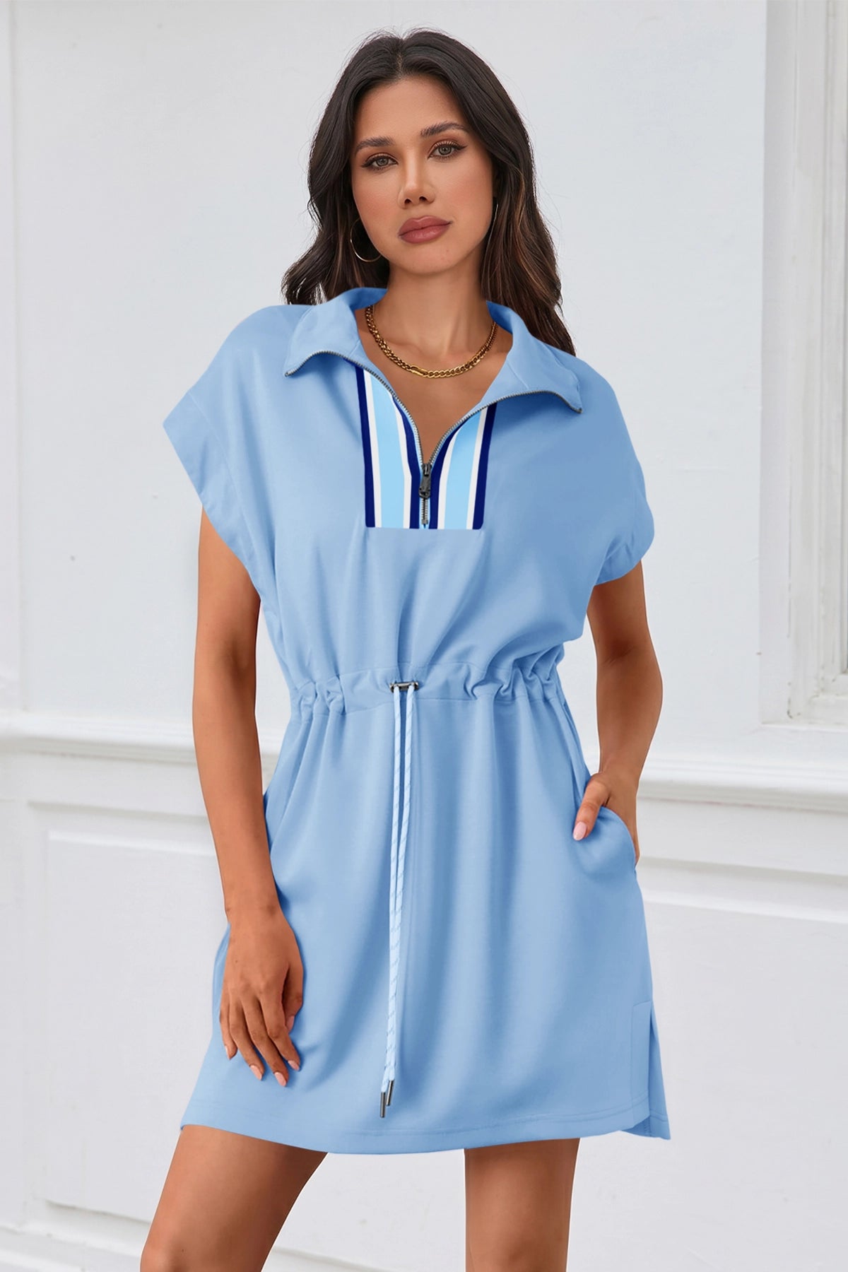 Fisoew Women's Sky Blue Short Sleeve V Neck Mini Dress - Fisoew