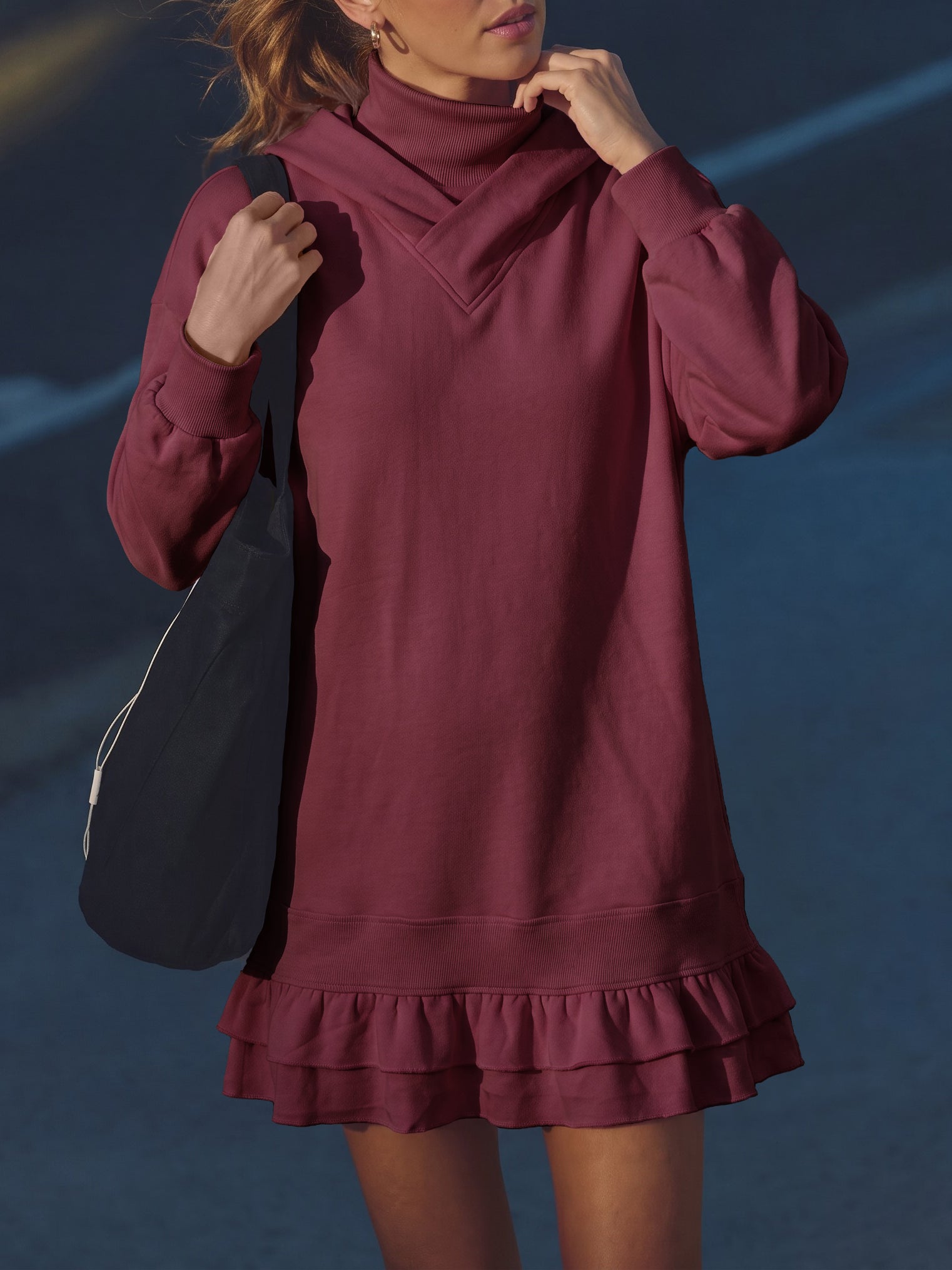 Turtleneck Hoodie Sweatshirt Mini Dresses - Fisoew