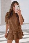 Womens Brown Lace Trim Puff Sleeve Two Piece Skirt Set Fisoew - Fisoew