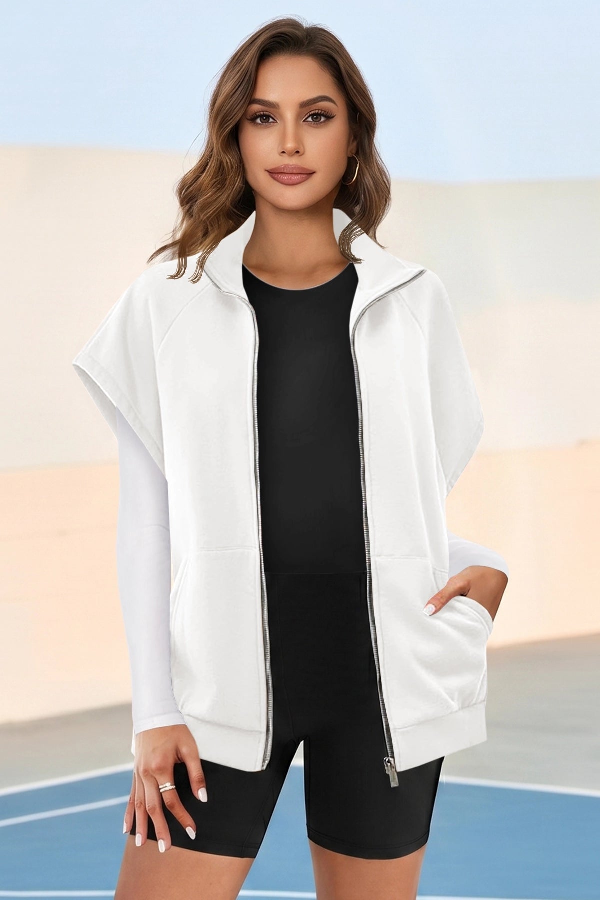 Fisoew Women's White Zip Up Sleeveless Sweatshirts - Fisoew