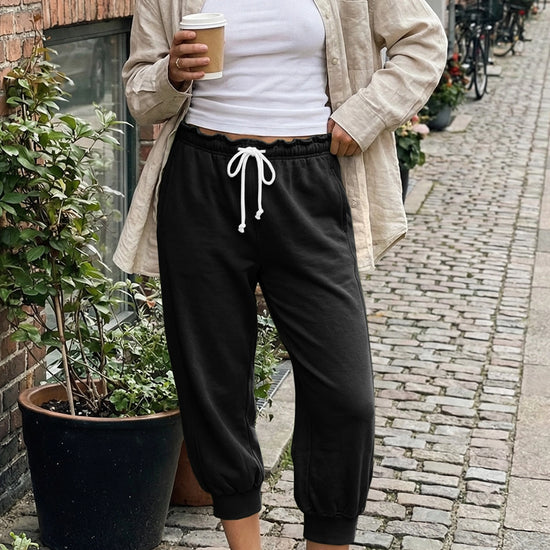 Fisoew Women's Black Capri Joggers Trendy Drawstring Waist Sweatpants - Fisoew