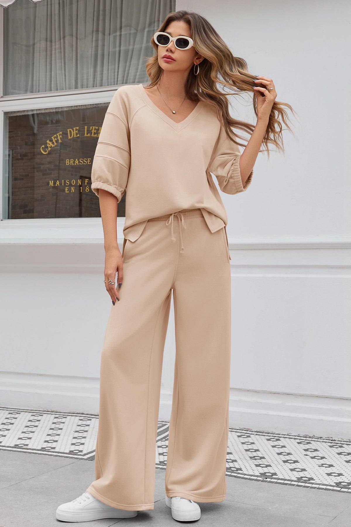 Fisoew Women‘s Khaki 2 Piece Loose Workout Tracksuit Sets - Fisoew