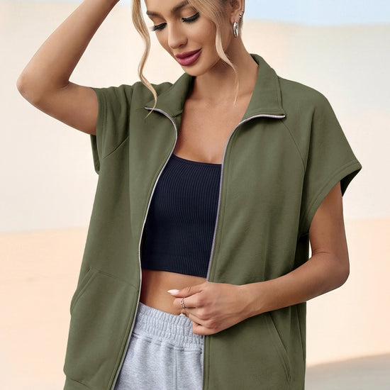Fisoew Women's Army Green Zip Up Sleeveless Sweatshirts - Fisoew